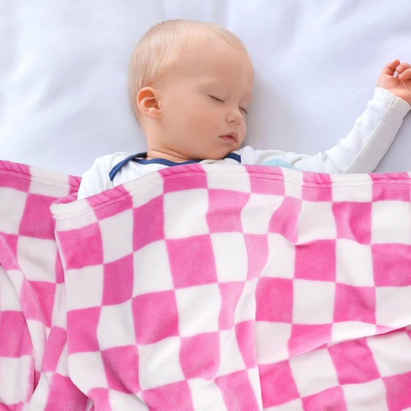 GreatBba Plush Checkered Baby Blanket for Boys Girls Nursery, 30"*40" Warm Short Fleece Blanket Neutral for Infant Newborn, Small Fuzzy for Sleeping, Chenille Baby for Stroller (Pink&White) - Image 4